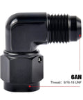 6AN Female To 6AN Male Flare Swivel Fitting Adapter 90 Degree Aluminum Black Anodized 6061T6 Finish With 9 16 18 UNF Thread Two Pack For High Pressure Automotive Fuel And Oil Lines Go To Durable Aluminum Construction For Durability In Sudden Pressure And, 90-degree 6AN adapter, black anodized aluminum, 9/16-18 UNF thread