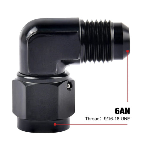 6AN Female To 6AN Male Flare Swivel Fitting Adapter 90 Degree Aluminum Black Anodized 6061T6 Finish With 9 16 18 UNF Thread Two Pack For High Pressure Automotive Fuel And Oil Lines Go To Durable Aluminum Construction For Durability In Sudden Pressure And, 90-degree 6AN adapter, black anodized aluminum, 9/16-18 UNF thread