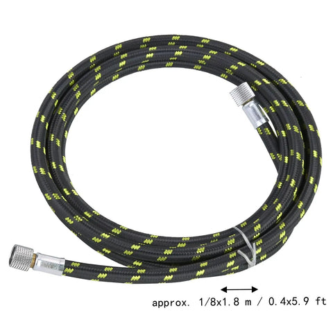 Two Pack Braided Airbrush Hoses Five Point Nine Feet With One Eighth Inch Twist Fittings For Nail Techs Spray Painters And Model Makers Ensuring A No Fuss Hookup Daily, flexible black and yellow reinforced hose.