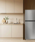 Compact Counter Depth Refrigerator With Top Freezer 11.6 Cubic Feet, Slick Silver Vibe in modern kitchen setting.