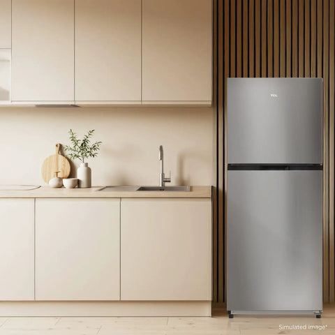 Compact Counter Depth Refrigerator With Top Freezer 11.6 Cubic Feet, Slick Silver Vibe in modern kitchen setting.