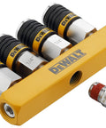 Four Tool Air Manifold With Quick Connect Couplers And Industrial Plug Pro Grade Pneumatic Splitter For Running Four Tools Simultaneously Handles Up To 300 PSI And 40 SCFM Great For Shop Pros, yellow manifold with black couplers.