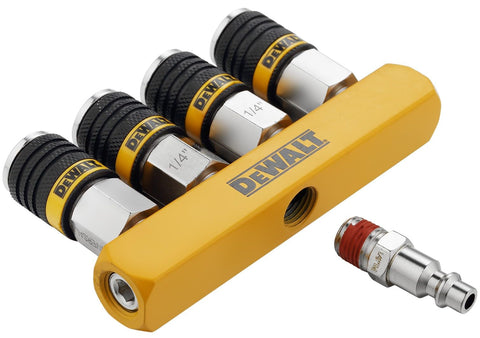Four Tool Air Manifold With Quick Connect Couplers And Industrial Plug Pro Grade Pneumatic Splitter For Running Four Tools Simultaneously Handles Up To 300 PSI And 40 SCFM Great For Shop Pros, yellow manifold with black couplers.