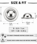 Ironclad Stainless Steel Metal Roof Screw Caps Lock Out Damp And Seal Worn Fasteners No Pull Backs For Barns Sheds Garages Rv Tops No Sweat Setup Stops Leaks Immediate Rust Guard All Season Shield Pack 100 size and fit dimensions shown with stainless steel caps.