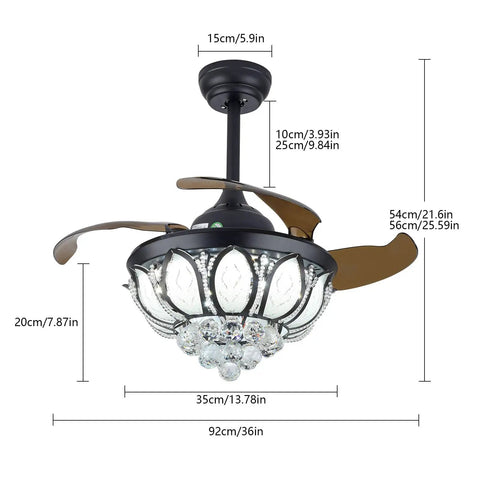 Ceiling Fan with Crystal Lights Retractable Blades 6 Speeds for Living, measuring 36 inches, with elegant crystal accents.