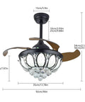 FAIRYPAGODA Retractable Ceiling Fan with Light and Handheld Controller, detailed view showing dimensions and design.