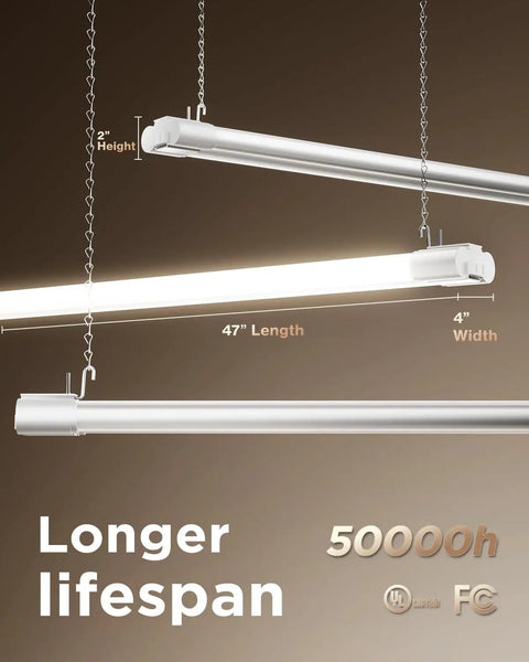 Side view of Six Pack Four Foot Linkable LED Shop Lights For Garage And Workshop, 4500 Lumens, 40 Watts, 6000K Daylight, hanging.