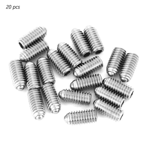 Tough As Nails Stainless Steel Spring Ball Plunger Screws 20 Piece Kit M3 X 8mm industrial fasteners arranged in a pile.