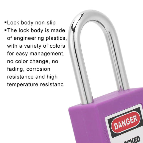 5 Pack 38mm Industrial Safety Padlocks Lockout Tagout Kit With 10 Keys And Writable Labels NonConductive For Machine Building Electrical Maintenance Built Tough As Nails And Resists Impacts Standing Strong Through Freezing Or Scorching Temps. Purple 38mm nylon padlock with metal shackle