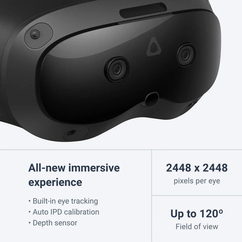 Close-up of Focus Vision XR Headset Bundle With DisplayPort PC VR Streaming Kit, showing front sensors, 2448x2448 resolution.