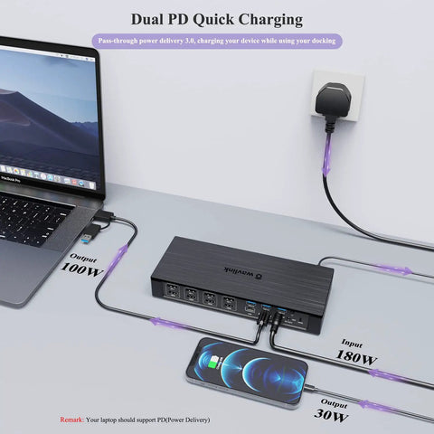 Pro Level Usb C Docking Station Packing 20 Ports With Quad Monitor Support Delivers Legit Dual 5k At 60Hertz Output Fast Charging connected to a laptop and smartphone.