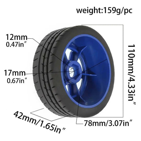 Off Road RC Car Upgrade Tires And Wheel Hex Set 4pcs For 1 To 7 And 1 To 8 Scale Buggies, blue beadlock style wheel dimensions shown