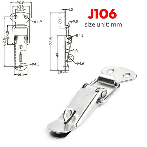 Durable Spring Loaded Latch Catch Toggle Hasp For Cabinet Boxes Sliding Doors And Windows Made From Mild Steel Heavy Duty Simple Lock Hardware Tool Accessory with dimensions shown.