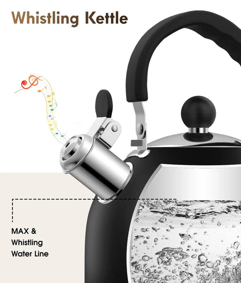 Stovetop Stainless Steel Tea Kettle With Loud Whistle 2 Quart Teapot Ergonomic Handle The Go-To Kitchen Accessory For Hot Water Tea Or Coffee Classic Black Finish.