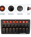 Beefy 8 Gang Marine Rocker Switch Panel Waterproof With Circuit Breaker 12V On Off Toggle Panel Red LED Indicator for Boats