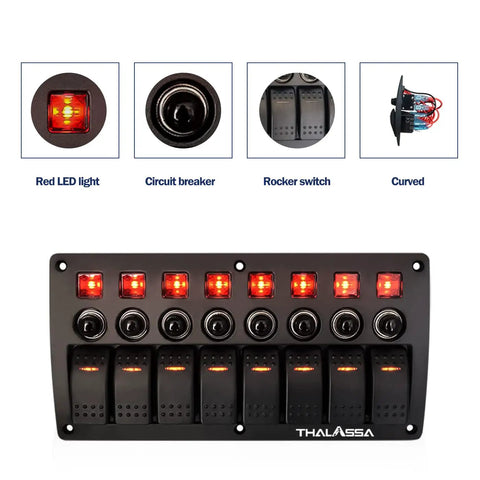 Beefy 8 Gang Marine Rocker Switch Panel Waterproof With Circuit Breaker 12V On Off Toggle Panel Red LED Indicator for Boats