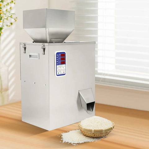 Automatic Granule Filling Machine Features Stainless Steel Housing For Hella Precise Digital Weighing Up To Five Hundred Grams during rice packing, with polished surface.