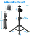 Extendable Desk Webcam Tripod Stand For Cameras And More, height adjustable 9.8 to 15.5 inches, compact design shown beside backpack