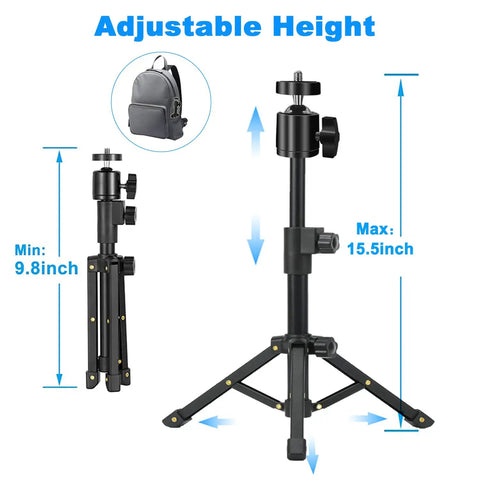 Extendable Desk Webcam Tripod Stand For Cameras And More, height adjustable 9.8 to 15.5 inches, compact design shown beside backpack