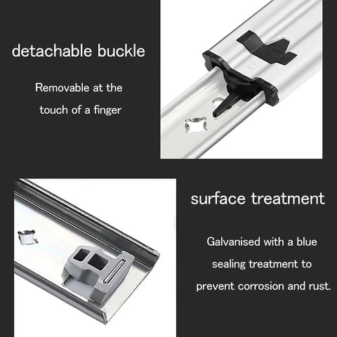 Heavy Duty Side Mount Drawer Slides Rock Solid Soft Close Tool Cabinet Glides showing detachable buckle and galvanized surface treatment.