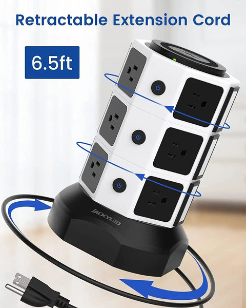 Tower Power Strip With Wireless Charging And Surge Protector, 13A 10 Outlets And 4 USB Ports, 6.5ft Extension Cord shown vertically