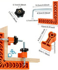 Killer Adjustable Seven Piece Right Angle Clamp Set Lightweight ABS Plastic Corner Clamping Kit For Smooth Woodworking Picture Frame And Cabinet Drawer Assembly Projects Orange Color showing measurement details and clamp position.