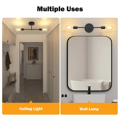Modern Black Two Light Bathroom Vanity Sconce And Semi Flush Ceiling Fixture Delivering That Sick Hollywood Glam Glow Up For Your Favorite Mirror Setup Today in hallway and above mirror.