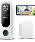 Wireless Doorbell Camera With 2K Video No Subscription Built In Chime Plug And Play 2 Way Audio 30 Second Voice Message Anti Theft AI Detection 2.4GHz WiFi Only Battery Powered Works With Alexa, showing front view with included chime and video display on smartphone.