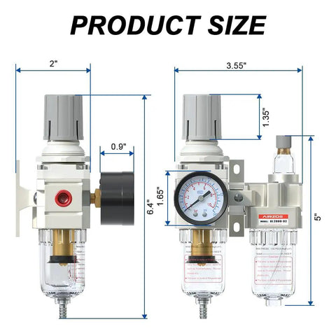 One Quarter Inch NPT Air Filter Regulator Lubricator Combo With Water Separator And 5 Micron Brass Element, dimensions shown