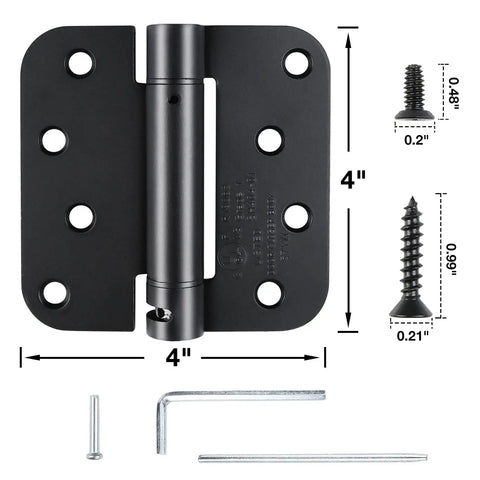 Matte Black Self Closing Door Hinges For 4 Inch By 4 Inch Doors Set Of 2 With Auto Soft Close Five Eighth Radius and installation screws.