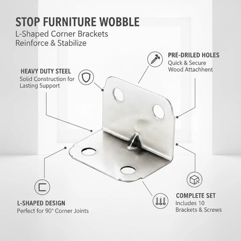 L Shaped Steel Corner Brackets For Cabinets Chairs And Shelves 10 Pack With Screws showing close-up of bracket design and details.