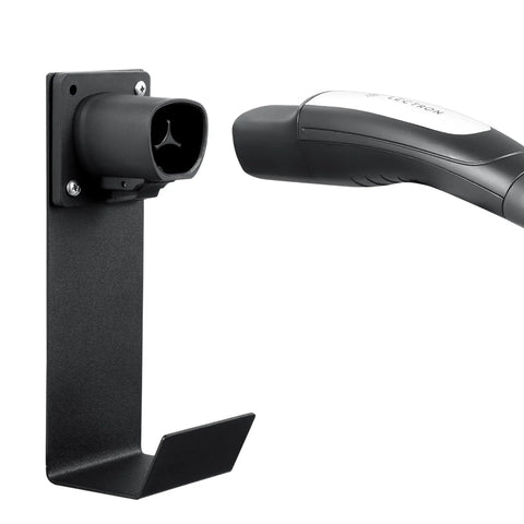 Tesla NACS Electric Vehicle Charger Nozzle Holster Dock And J Hook For Cable Management, side view with charge nozzle.