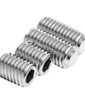 Stainless steel hex socket set screws, flat point, fine thread, polished finish.
