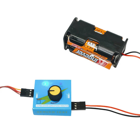4 Cell AA Battery Holder 6V with Futaba JR 3 Pin Servo Connector connected to a blue servo tester, plug and play power source