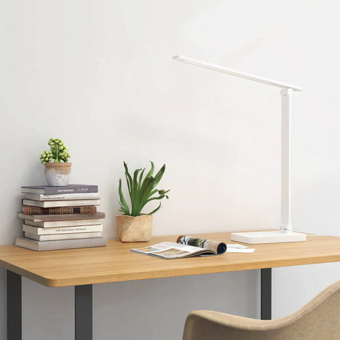 LED Desk Lamp With USB Charging Port, 700 Lumens Dimmable Touch Control Table Lamp For Home Office on wooden desk