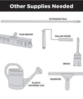 Illustration of other supplies needed for Pro Grade Polycuramine Garage Floor Coating, including push broom, roller frame, squeegee.