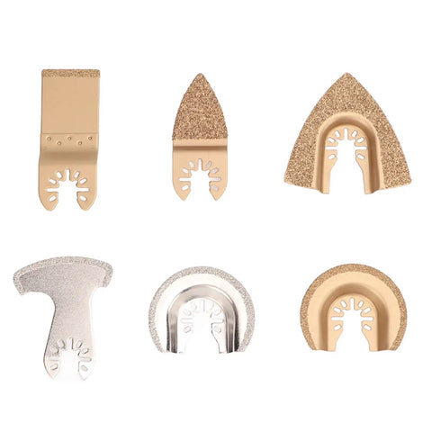 Set of six cemented carbide oscillating saw blades, heavy duty, for tile and concrete; part of Cemented Carbide Oscillating Saw Blade Set Six Piece