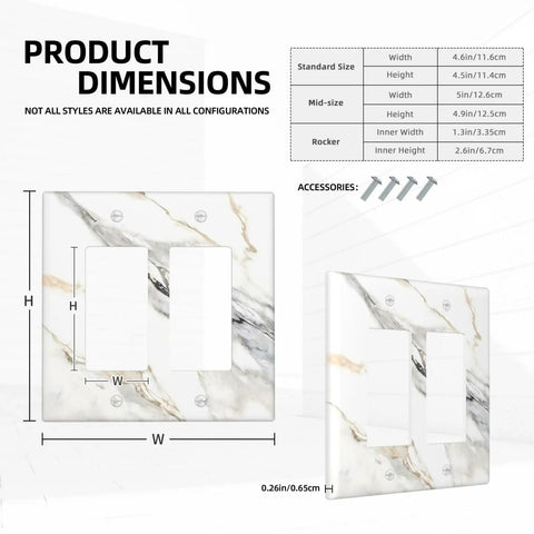 Product dimensions for Modern Abstract Wall Switch Covers With Hella Sleek Gray And Gold Marble Finish On Super Solid Plastic.