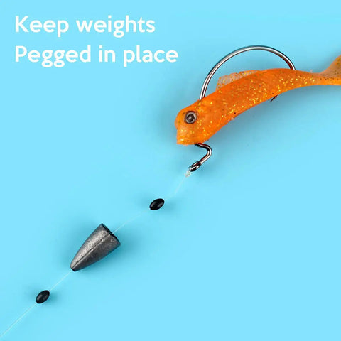 Rubber Bobber Stopper Set For Texas Rig And Flipping, Sinker Pegs And Black Oval Beads on fishing line with orange lure.