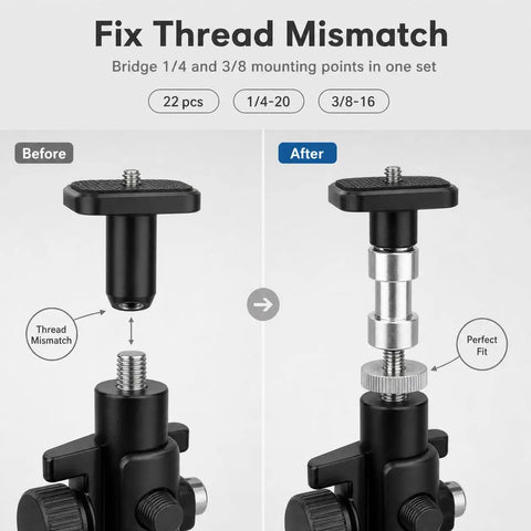 Comparison of thread mismatch fix using Badass 22 Piece Camera Mount Screw And Adapter Set With 1/4 To 3/8 Tripod Reducers.