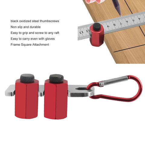 Dead Nuts Accurate Stair Gauge And Framing Square Stop Bracket With Hex Thumb Screw Adjustment For Smooth Lumber Marking And Tough Aluminum Workshop Gear shown with red aluminum thumbscrews and steel attachment.