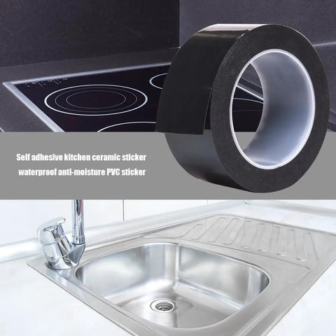 Gotcha Check Out This Durable Shower Sink Bath Wall Caulk Sealing Strip Tape With An Anti Stain Self Adhesive Design. Black waterproof tape beside a kitchen sink.