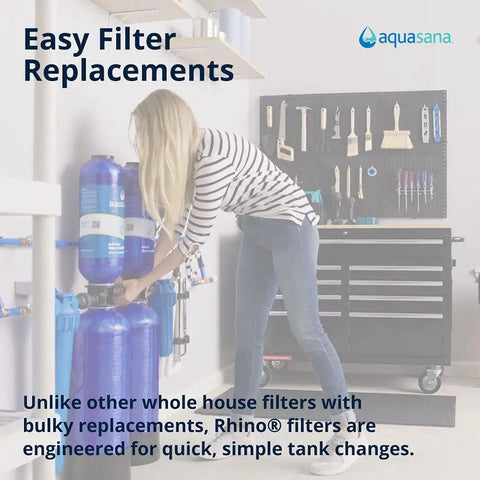 Person replacing filter in whole house system, compatible with Aquasana, emphasizing ease of 10-inch sediment pre-filter replacement.