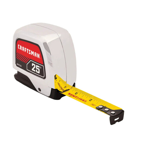 25 Ft Tape Measure With Retraction Control And Self Lock, Chrome Finish And Rubber Grip, durable yellow blade, Craftsman branding