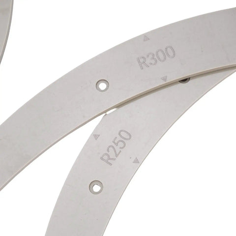 Top Shelf Heavy Duty Round Corner Radius Templates Set With Slick Plastic Routing Jigs for precise arc cutting, featuring R250 and R300 templates.
