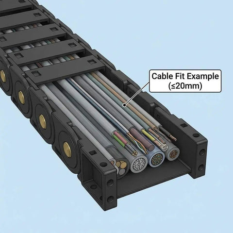 Cable Drag Chain 25x77mm Closed Type R55 For CNC Machines with cables, showing one direction bending radius and protective cover.