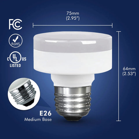 Ultra Slim Dimmable LED Puck Light With E26 Base 11W 800 Lumens 4000K Cool White dimensions and close-up of E26 base