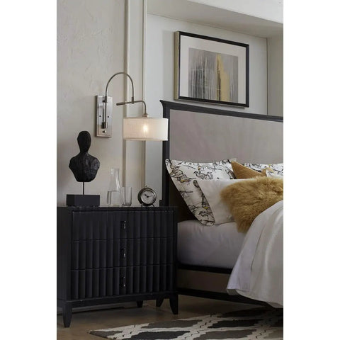 Kempsey Collection One-Light Swing Arm Wall Bracket Nickel Finish beside bed with modern decor, Summer Linen shade