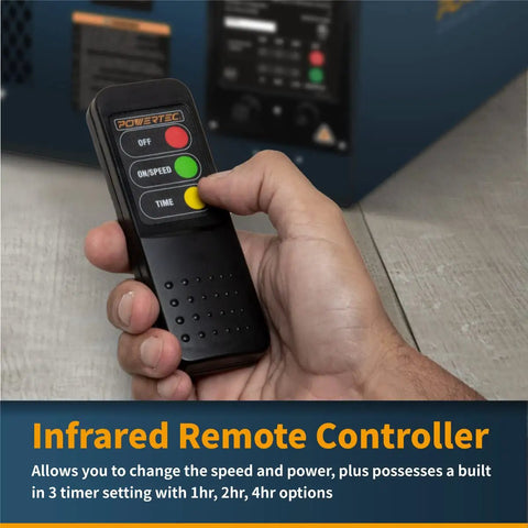 Heavy Duty Badass 3 Speed Remote Air Filtration System With 1060 CFM Kickin Airflow And Dual Micron Screens remote controller in hand.