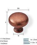 Antique Copper Cabinet Knob with dimensions and screws visible, part of Antique Copper Cabinet Knobs 10 Pack Center Mount 1-1/4 Inch Zinc Vintage Retro Drawer and Kitchen Cabinet Pull Hardware for Cabinets, Drawers, Dressers, and Closets with Included 1 Inch and 1.5 Inch Screws.